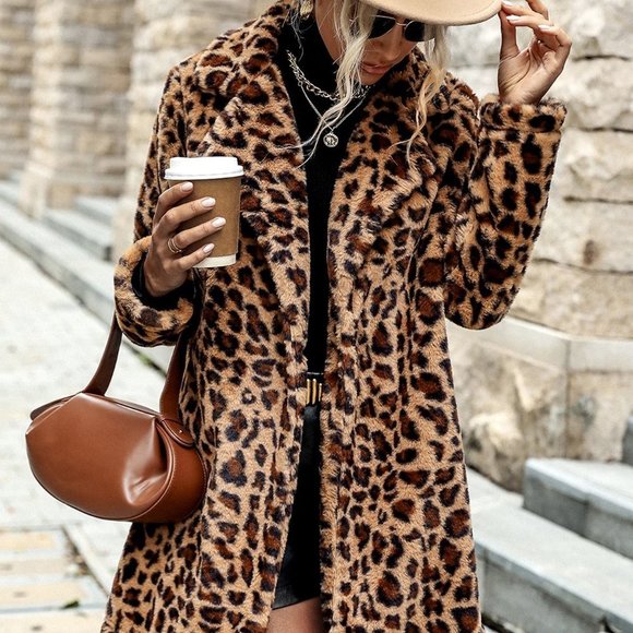 Multicolor Preppy Womens Leopard Print Open Front Fuzzy Coat - Picture 3 of 6